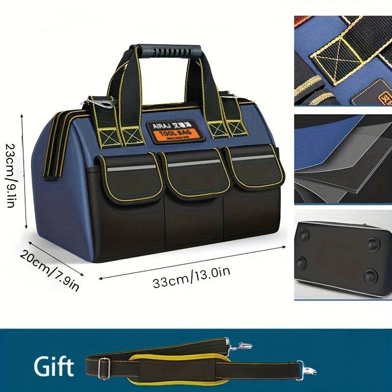 A dark blue tool bag with black and gold accents, featuring multiple compartments and a carrying strap.