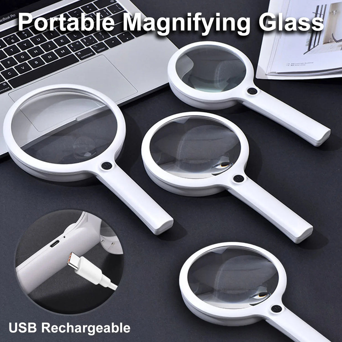 Una lupa portátil junto a una laptop, con un inserto que muestra la función de recarga USB.