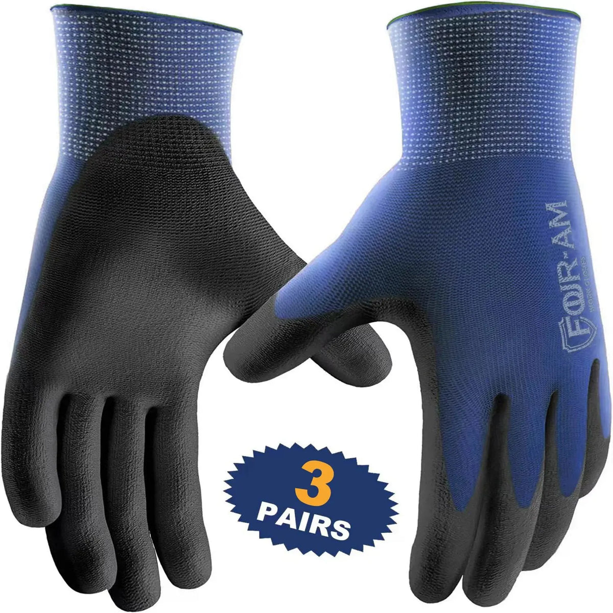 A pair of black and blue ultra-thin PU coated work gloves shown from the palm side.