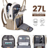 A beige anti-theft laptop backpack with multiple pockets and straps shown in various configurations.