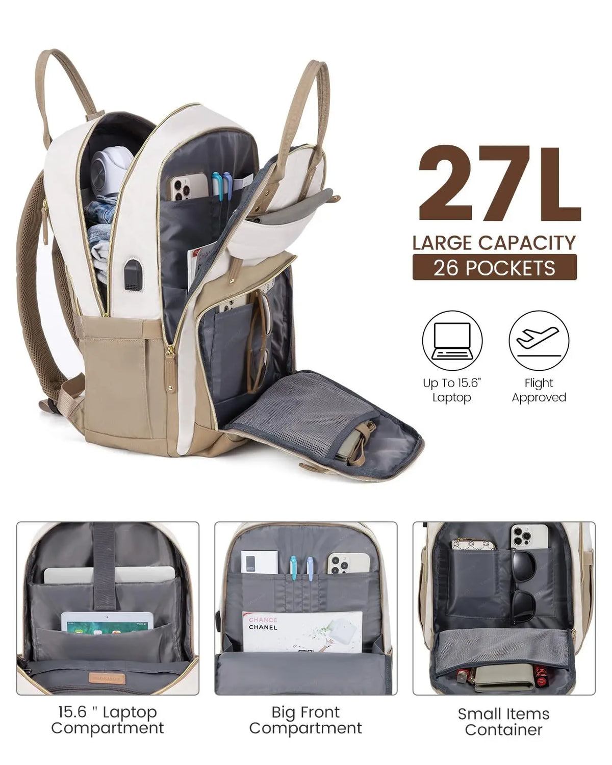 A beige anti-theft laptop backpack with multiple pockets and straps shown in various configurations.