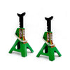 A pair of green metal RC jack stands with black handles and yellow straps.