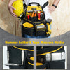 A black tool pouch with yellow accents is shown, featuring a hammer holder and tape measure holder.
