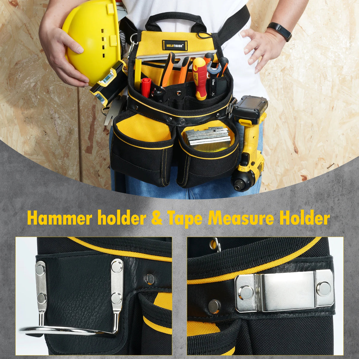 A black tool pouch with yellow accents is shown, featuring a hammer holder and tape measure holder.