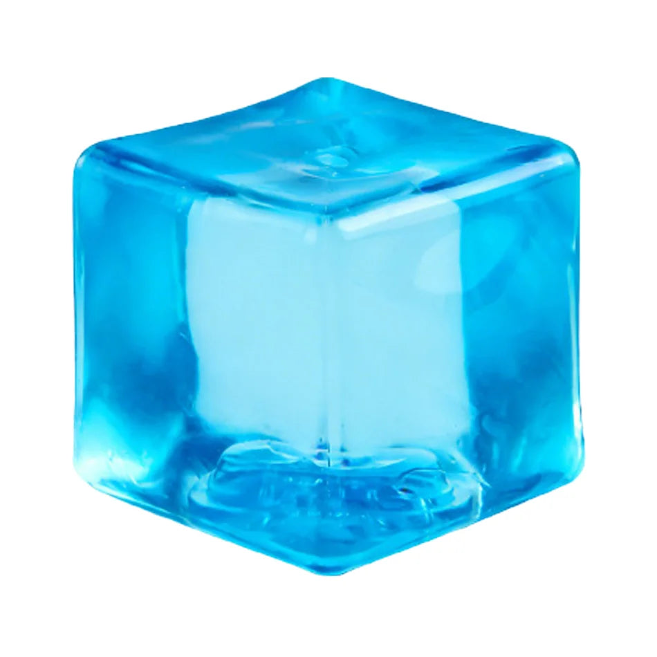 A translucent blue ice cube shaped like a cube, used as a slow-rebound glitter squishy toy.
