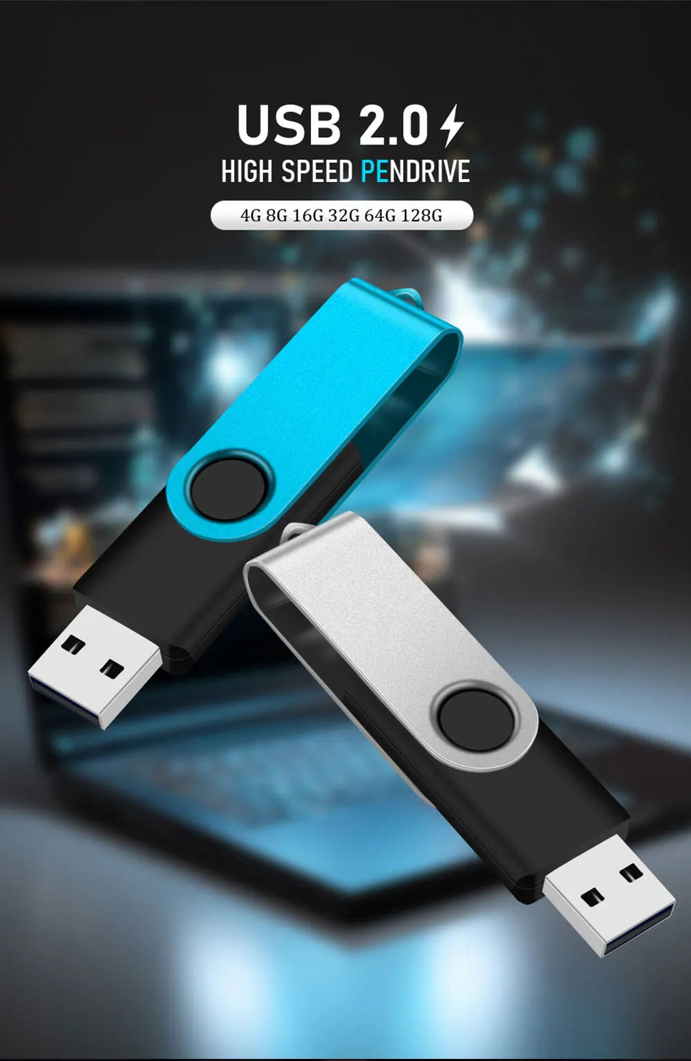 A blue and silver USB 2.0 high-speed pendrive is shown angled on a dark surface.