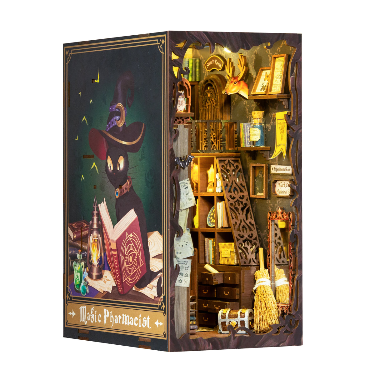 A DIY book nook kit featuring a dark, ornate shelf display with various books and items illuminated by LED lighting.