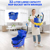 A woman holds a blue mop bucket with a wringer, demonstrating the 32-liter large capacity cleaning tool.