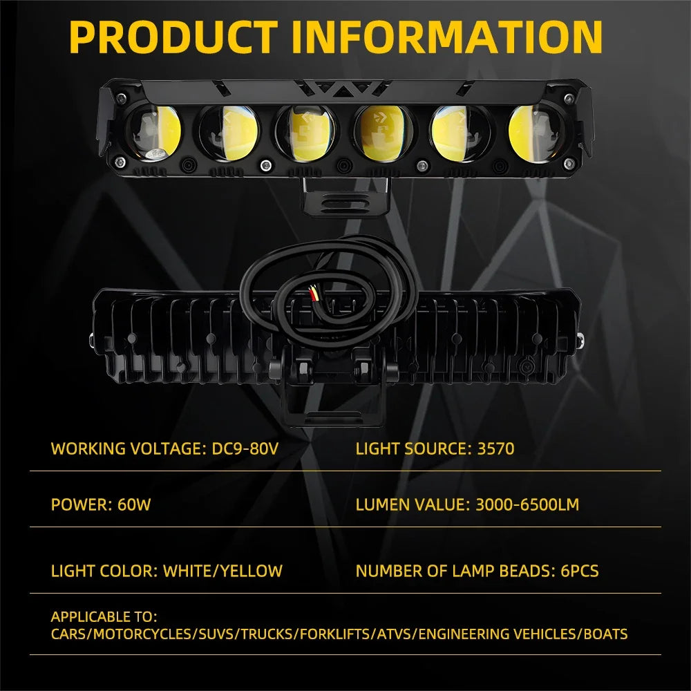 A black high-intensity LED spotlight headlight assembly with multiple yellow light sources and a flexible cable.