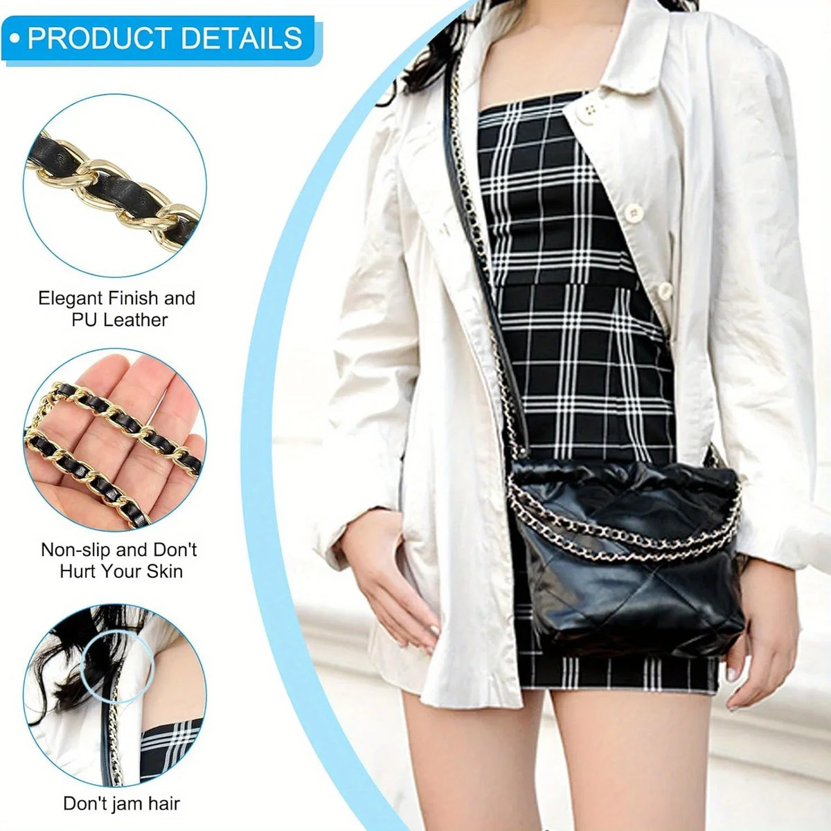 A woman holds a black plaid dress and a black leather purse with a metal chain strap.