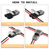 Installation guide showing steps to open the cap, insert wires through plastic rings, clamp the cap, and complete the work on