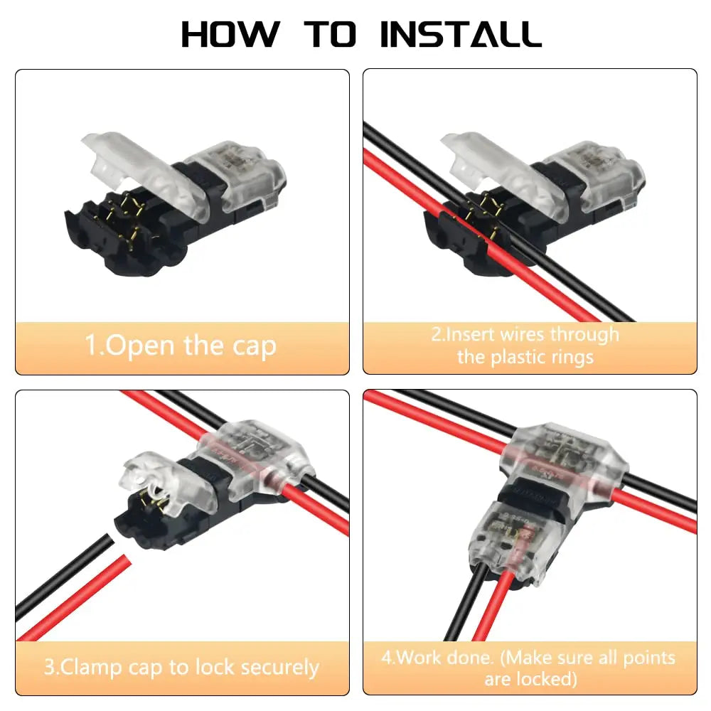 Installation guide showing steps to open the cap, insert wires through plastic rings, clamp the cap, and complete the work on