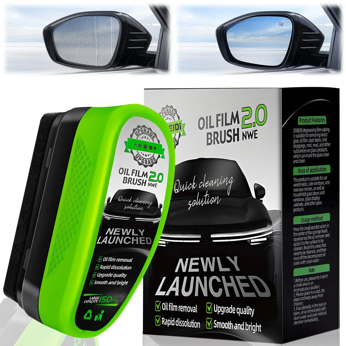 A green oil film remover brush applicator is shown next to a box for the Oil Film 2.0 Brush, used for cleaning car windshield
