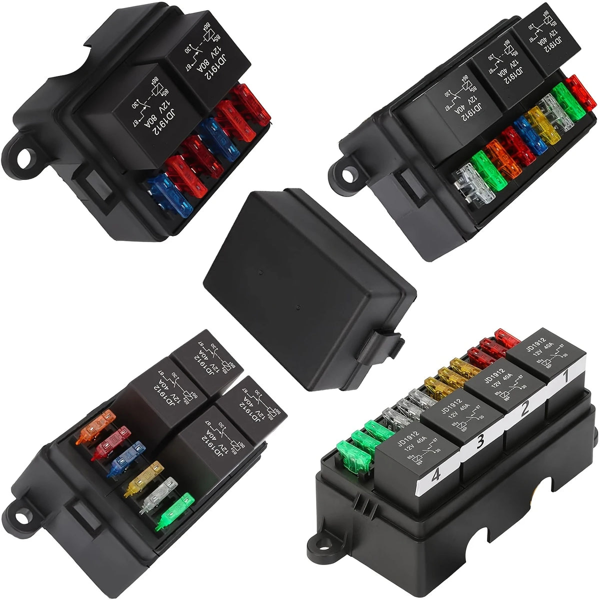 A black waterproof relay and fuse box with blade holders for ATC/ATO type relays