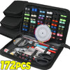 A black portable sewing kit box showing various needles, pins, and tools organized in compartments.