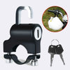 A black anti-theft helmet lock with a handle and mounting bracket for bicycles and motorcycles.