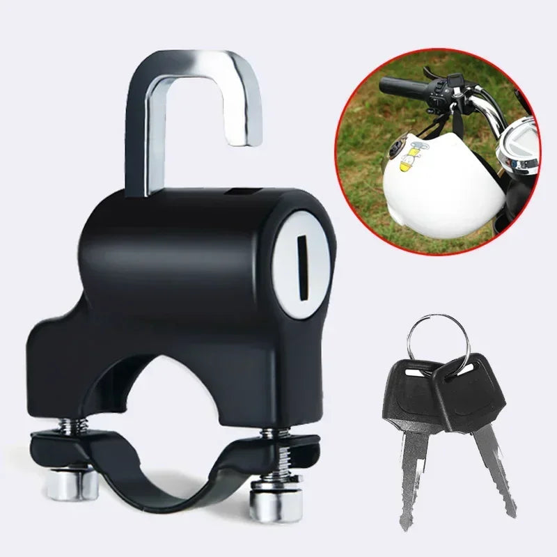 A black anti-theft helmet lock with a handle and mounting bracket for bicycles and motorcycles.