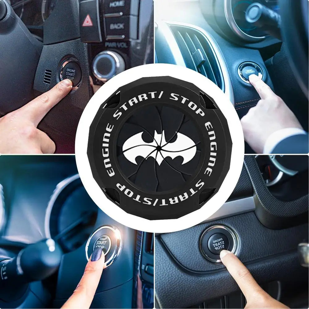 Close-up shots of a universal push start button cover with a supercar spin design on various car interiors.