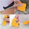 A set of yellow multi-purpose caulking and sealing tools shown in various angles and usage contexts.