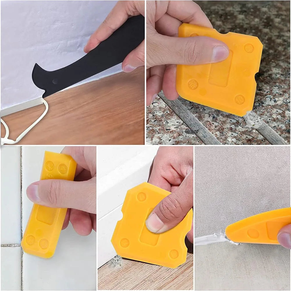 A set of yellow multi-purpose caulking and sealing tools shown in various angles and usage contexts.