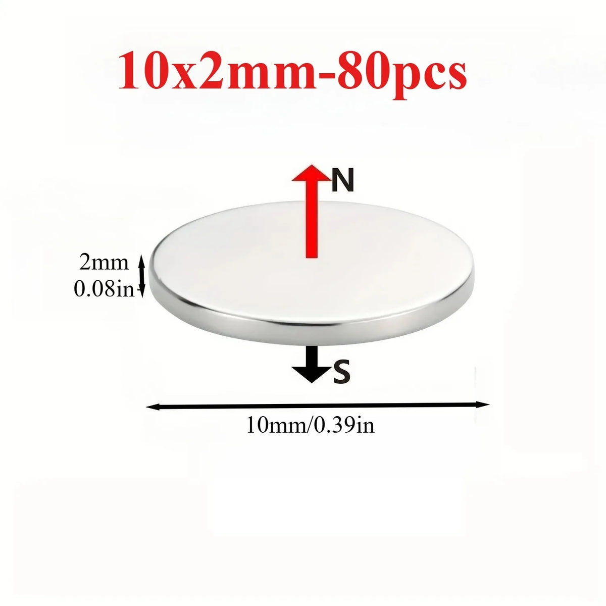 A round, silver magnetic sticker with a 2mm thickness and a 10mm diameter.