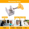 A silver aluminum alloy sliding window lock with a yellow plastic security stopper and a metal hex key is shown.
