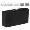Black felt handbag organizer insert with multiple zippered pockets and various small leather accessories