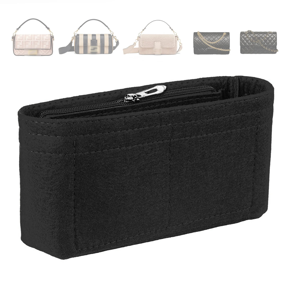 Black felt handbag organizer insert with multiple zippered pockets and various small leather accessories