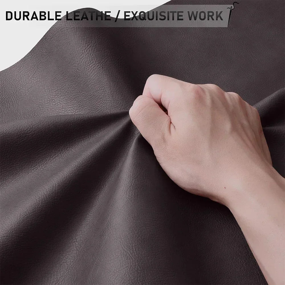 A hand is touching a piece of dark brown leather material, demonstrating its durable texture.