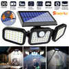 A solar powered motion sensor security light with a wide angle lens and built-in battery.