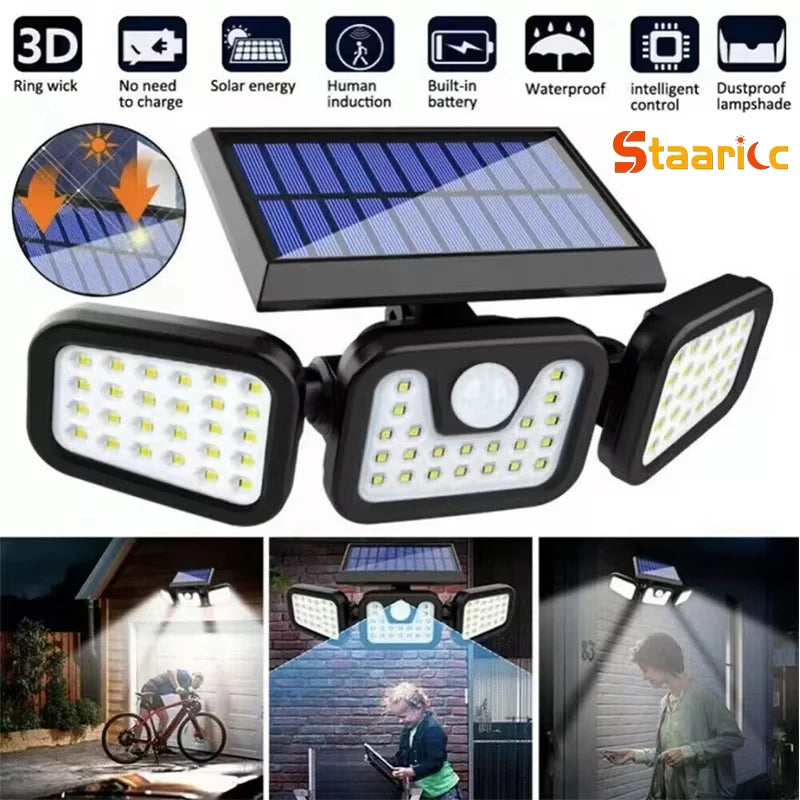 A solar powered motion sensor security light with a wide angle lens and built-in battery.