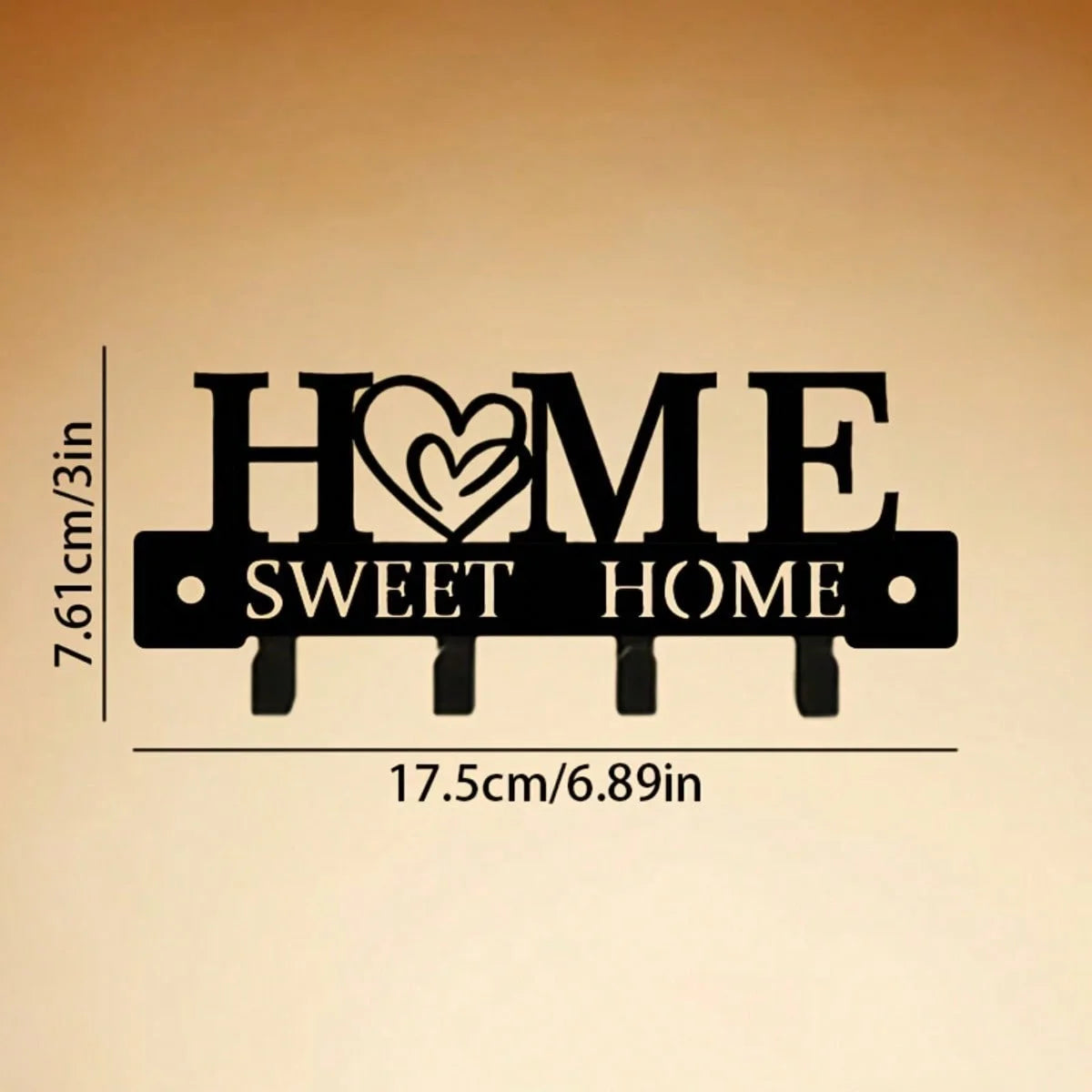 Black rustic iron wall hooks featuring the text HOME SWEET HOME and a heart design for organization