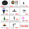A collection of various drip irrigation components including hoses, drippers, plugs, connectors, and taps.