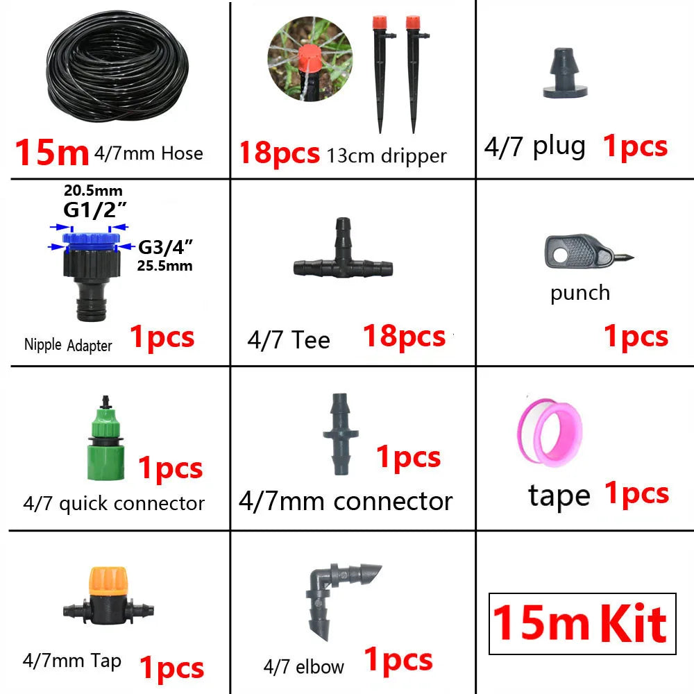 A collection of various drip irrigation components including hoses, drippers, plugs, connectors, and taps.