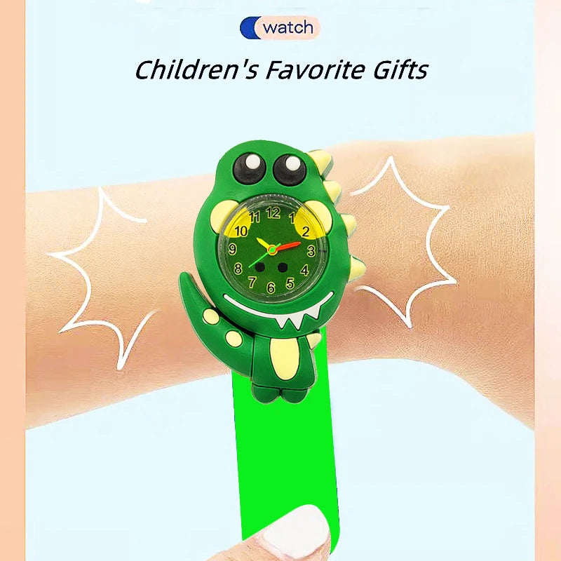 A green dinosaur-themed digital watch with a silicone band is shown on an arm.