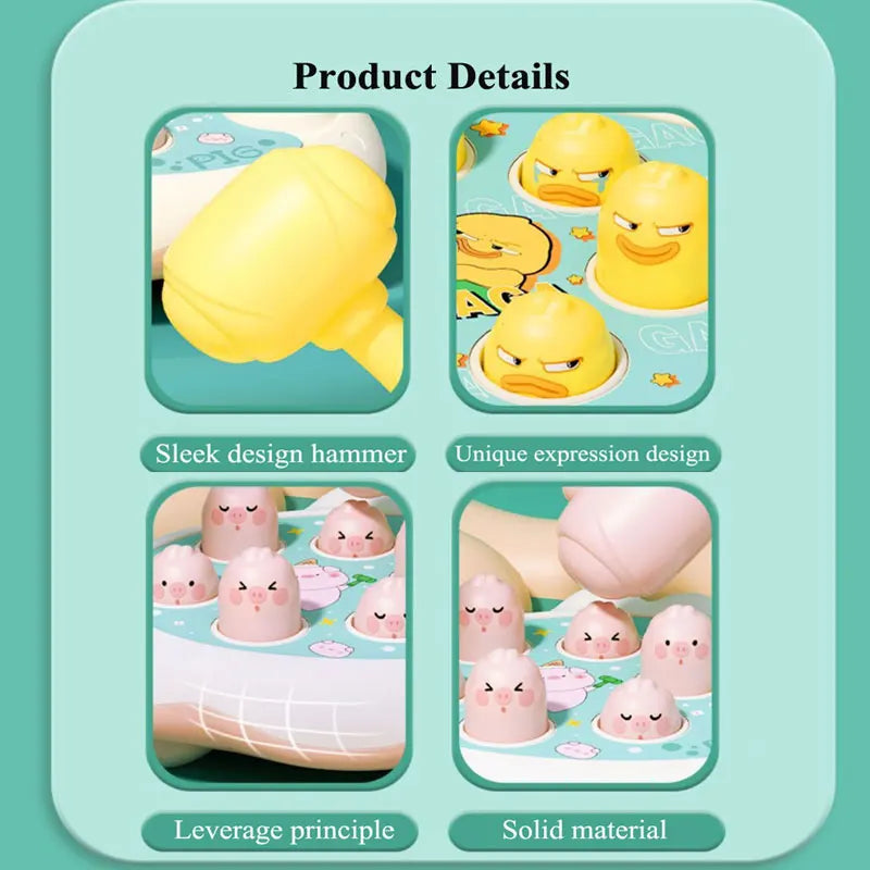 A set of silicone toddler hammer-pounding toys featuring duck, frog, and pig designs demonstrating leverage and solid materia