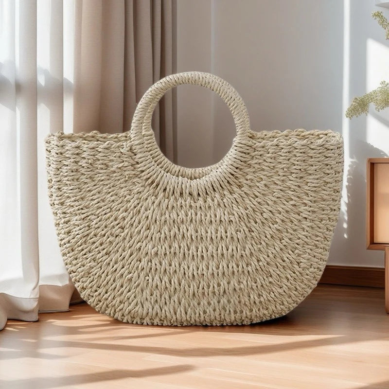 Handwoven Rattan Half-Moon Beach Bag