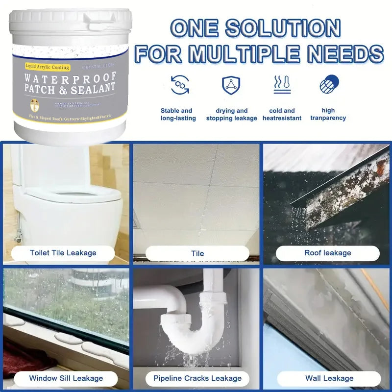 A jar of invisible clear waterproof sealant and a series of images showing its use for various leaks like toilet tile roof wi