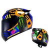 A black motorcycle helmet featuring a vibrant graphic design with yellow and green handprints.