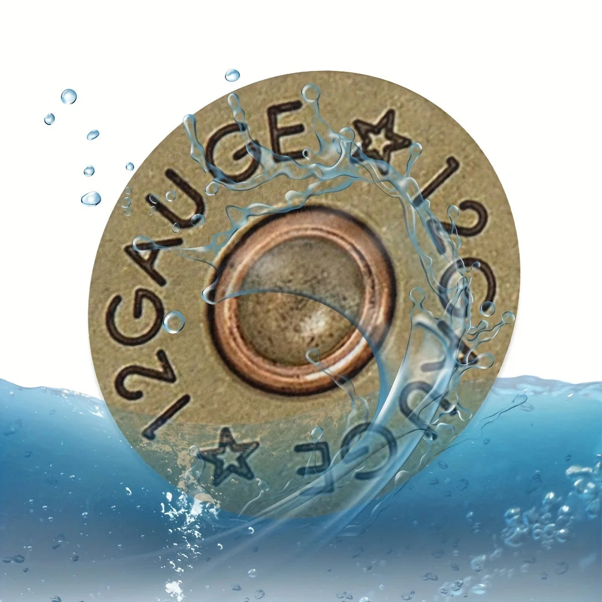 A round, textured leather gauge with a star pattern is shown partially submerged in water.