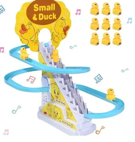 A yellow duck stair climbing track toy featuring lights and music.