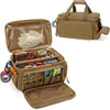 A tan heavy-duty tool bag with a padded handle and multiple storage pockets is shown open and closed.
