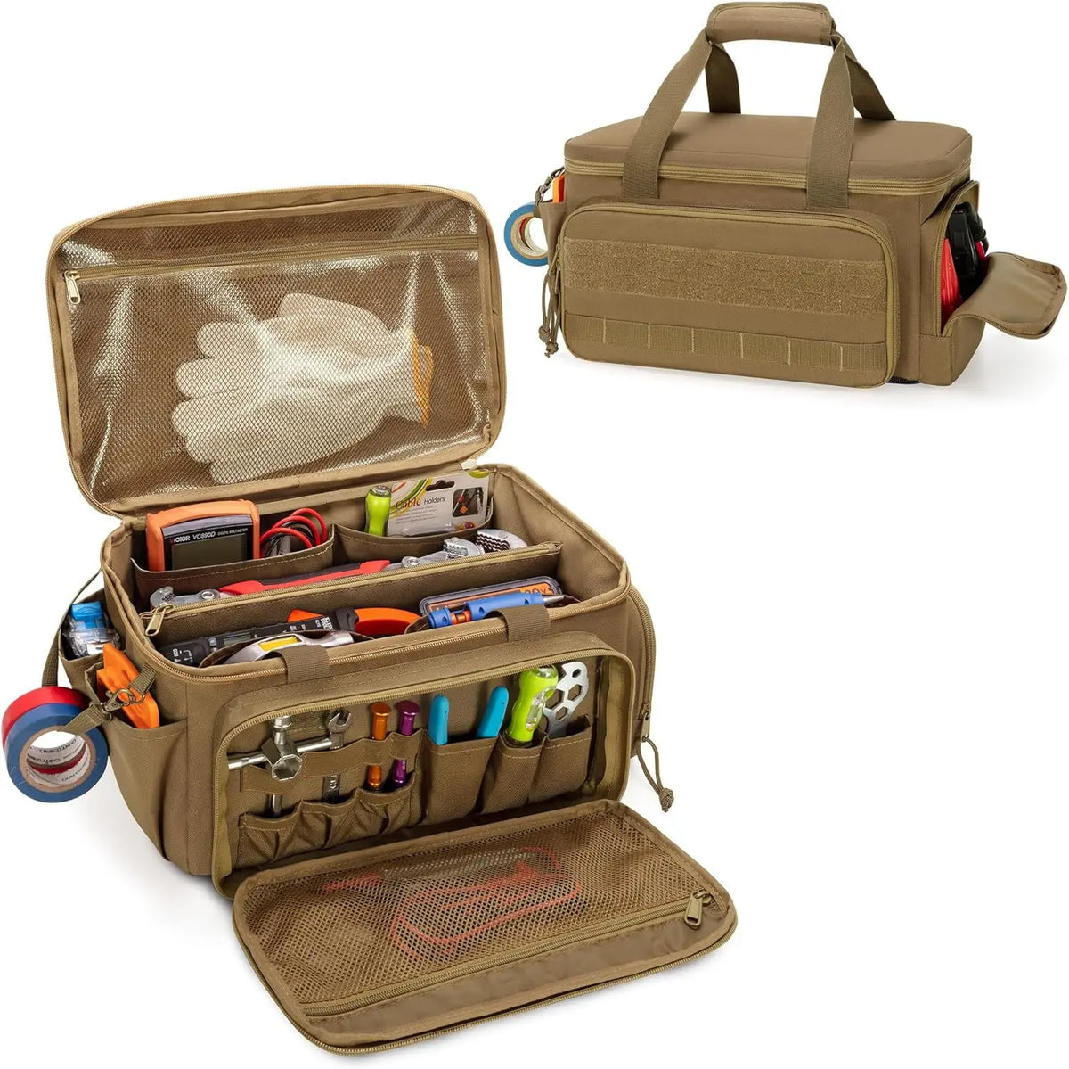 A tan heavy-duty tool bag with a padded handle and multiple storage pockets is shown open and closed.