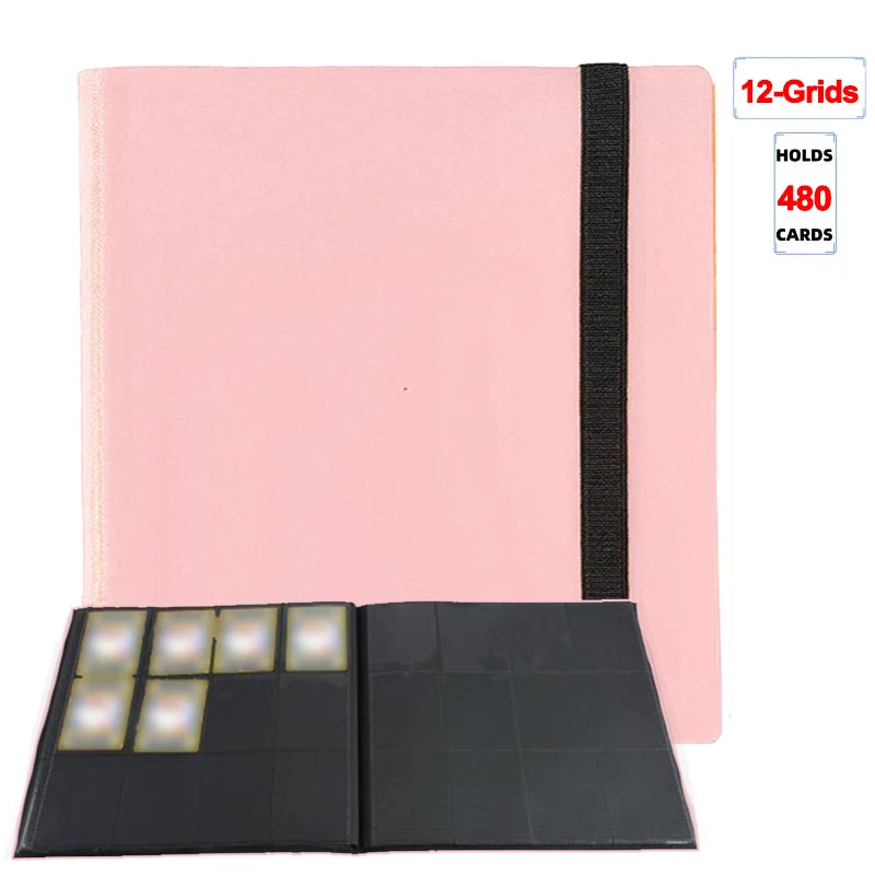 Pink card binder album with 12 grids holding 480 cards and a black cover.