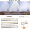 Three versions of a rechargeable LED under-cabinet light showing brightness levels and control options.