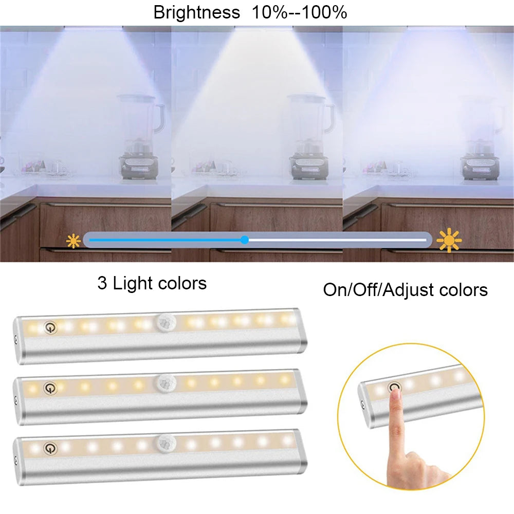 Three versions of a rechargeable LED under-cabinet light showing brightness levels and control options.