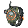 A rugged digital watch with a camouflage green and orange design, featuring a communication antenna.