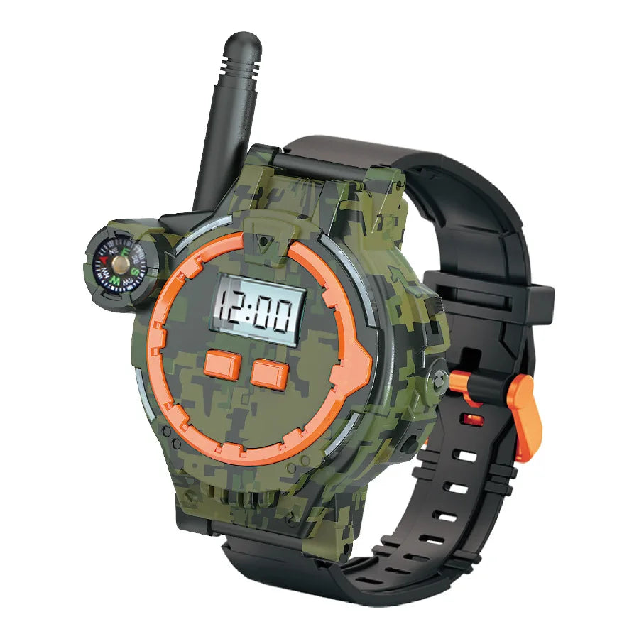 A rugged digital watch with a camouflage green and orange design, featuring a communication antenna.