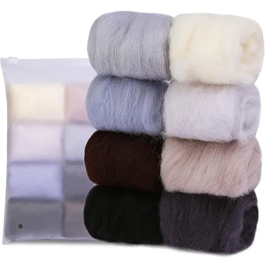 A pack of eight colored wool roving bundles for needle felting.