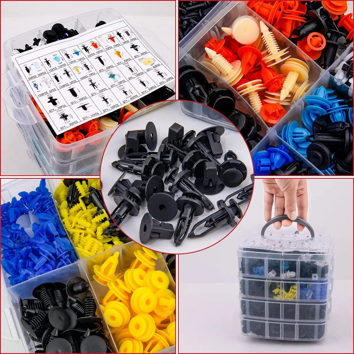 Assorted plastic push rivets for auto trim and panel fastening in various colors like black, orange, yellow, and blue.